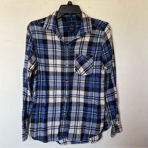 American Eagle Purple, Blue, and White Flannel Button-up Shirt
